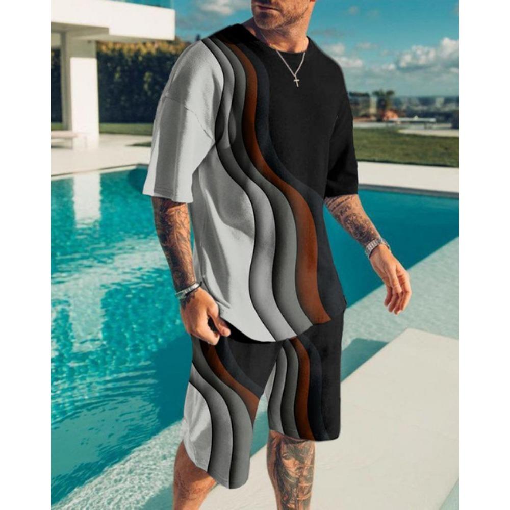 Summer Men's O-Neck Short Suit Sleeve coatGeometric Pattern Print 3D Sportswear Casual Oversized Top Shorts Breathable Sportswea