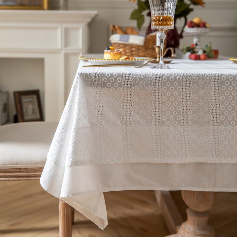 

French White Cotton Tablecloth Ruffled Lace Embroidered Fabric Tablecloths Rustic Table Cover for Home Holiday Party Christmas (as the picture,100x150cm)