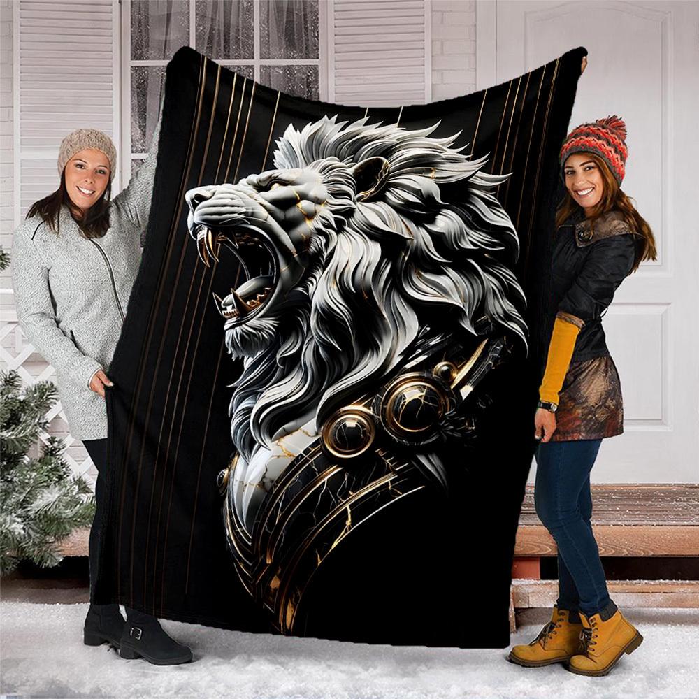 1pc Lion Head Sculpture Throw Blanket Polyester Fiber, Lightweight Flannel, Soft & Warm, All Season Use for Outdoor, Camping