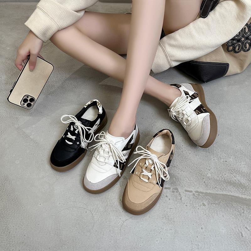 Autumn Color Matching Leather Women's Inner Height-increasing Sports Wind Shoes Women's Thick-soled Lace-up Dad Shoes