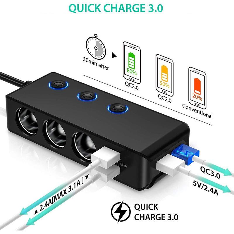 Eins zu Drei 4USB Unabhängiger Schalter QC3.0 Schnellladung 120W Hohe Leistung Spannungsanzeige
