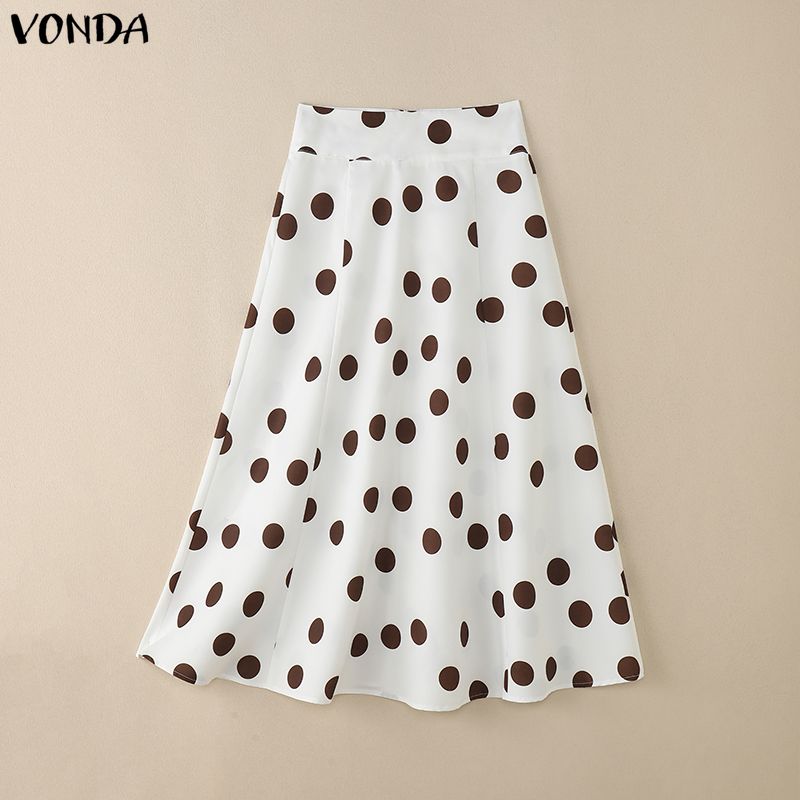 VONDA Women Zip-up Waist Casual Polka Dots Print Swing Pleated Skirts