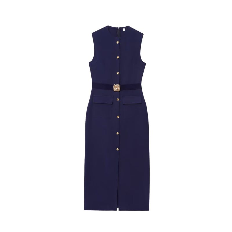 Spring New Women's Clothing Breasted Decoration with Belt Crepe Sleeveless round Neck Midi Skirt Dress 3897054