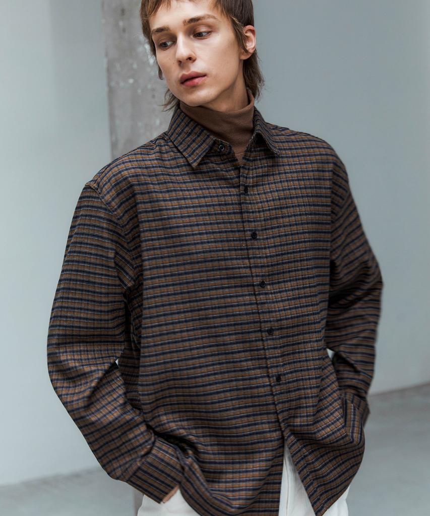 TRIP LE SENS Fine Wool Classic Check Shirt_Gray Brown