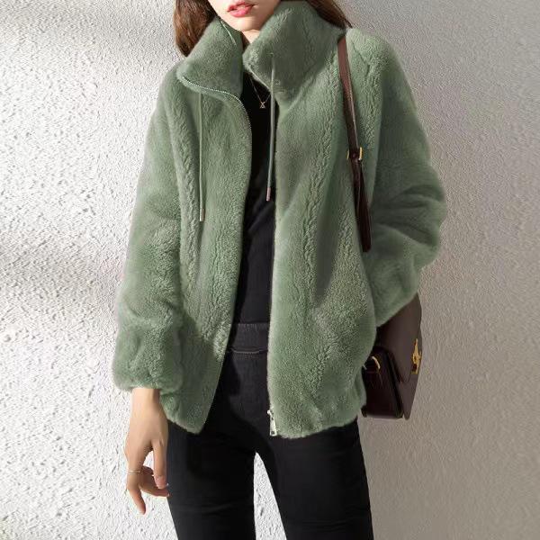 Women's Winter Stand Collar Fleece Jacket - Double-Sided Thick with Zipper and Warm Sweater Cardigan Design