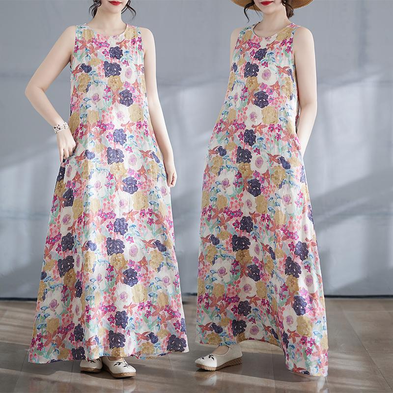 DIMANAF 2025 Women Summer Dress Ladies Basic Long Linen Flower Dress 8135