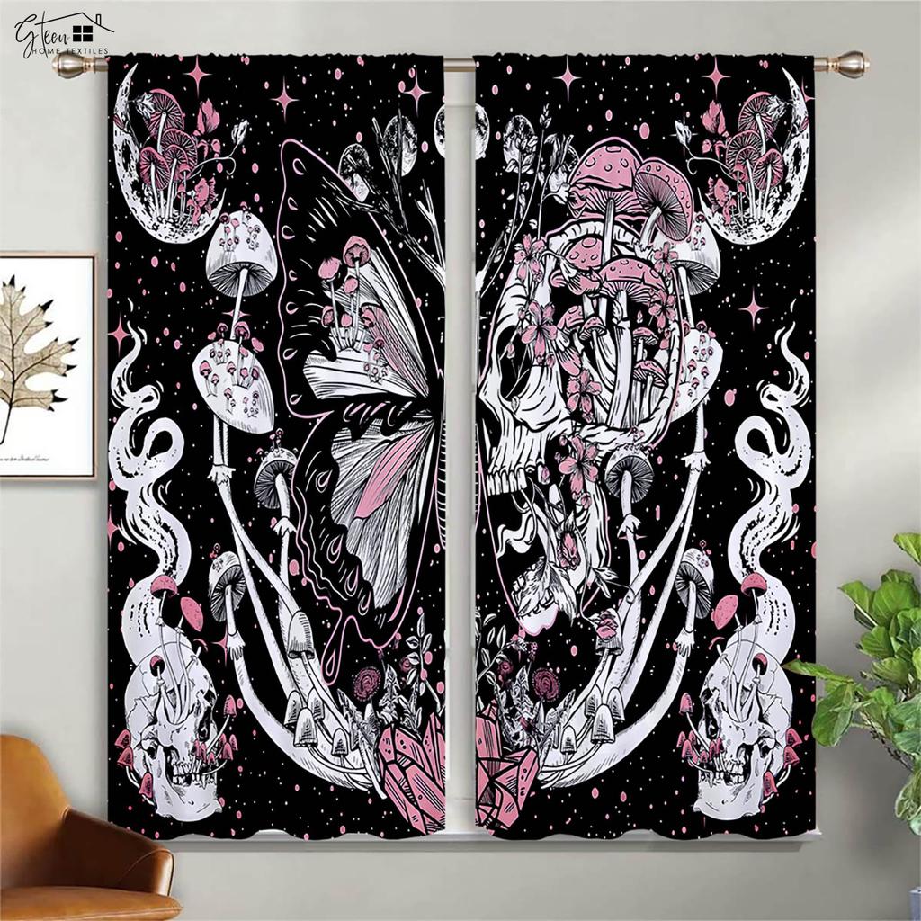 Blackout Insulation Curtains Floral Skull Print Curtains Suitable for Halloween Restaurant Living Room Party Decoration Curtains