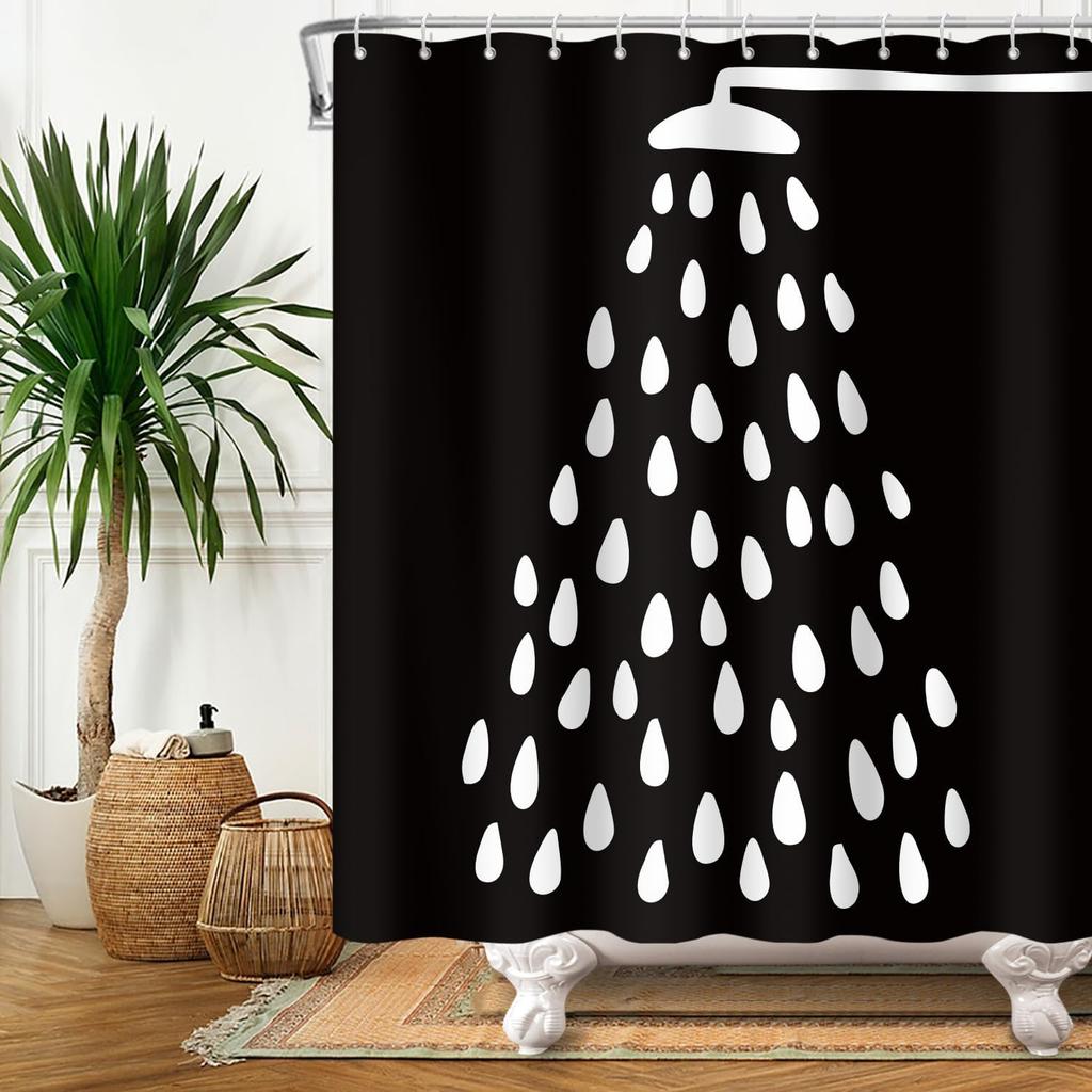 Black And White Shower Curtain Fun Shower Head And Water Drops Shower Curtains For Bathroom Machine Washable Waterproof