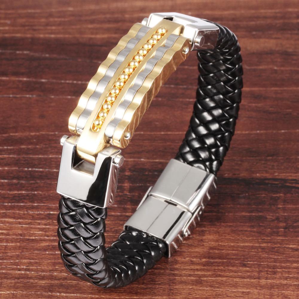 Черный кожаный браслет, мужской браслет из нержавеющей стали, модные ...