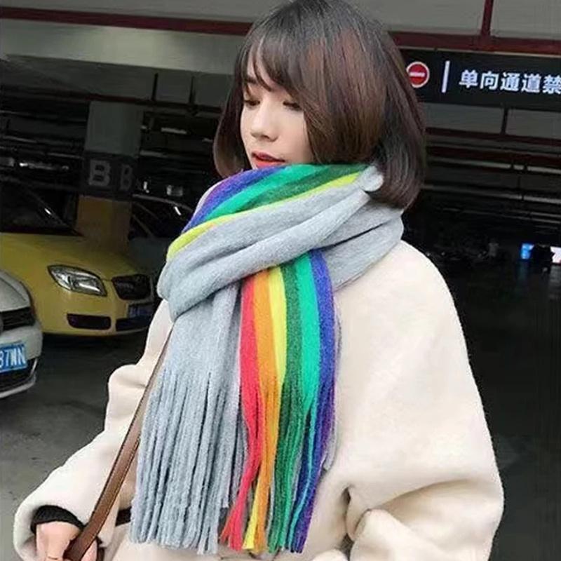 Winter Warm Scarf Women Knitted Thicken Shawls Cashmere Tassels Rainbow Stripes Designer Wrap Pashmina Fashion Lady Female