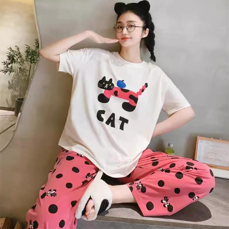 Pajamas women's short-sleeved trousers summer cartoon cute 2 new cartoon spring and summer loungewear suit can be worn outside