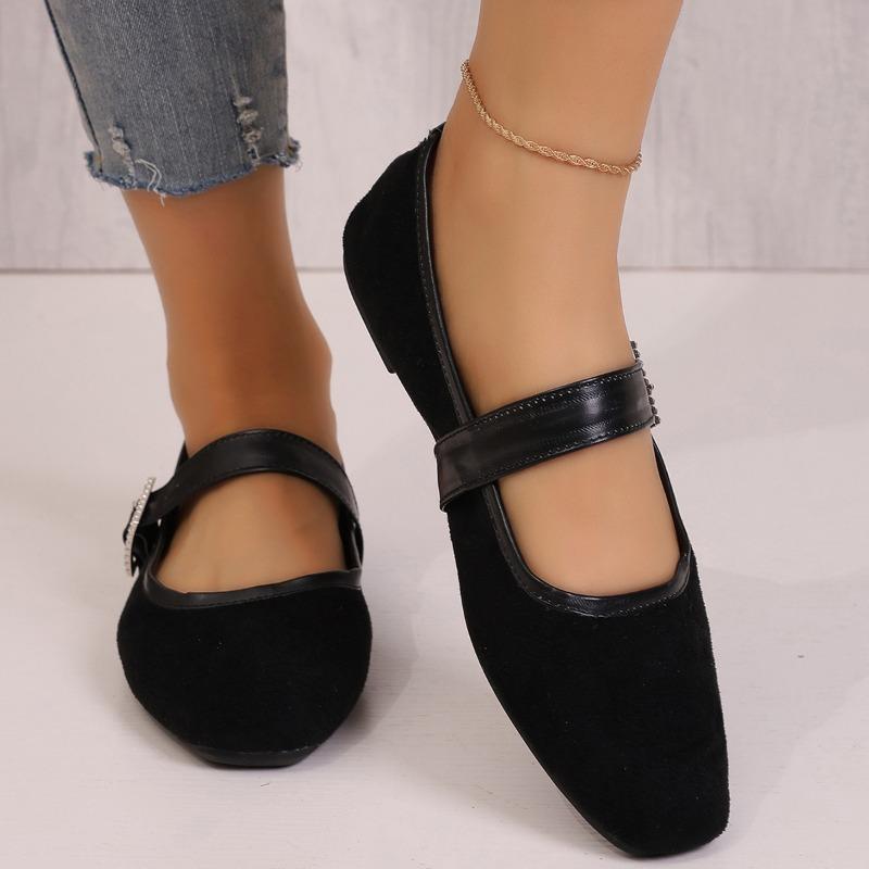 Women's Retro Suede Elegant Square Toe Pumps Flat Heel Single Shoes Women's Fall One Line Strap Low Heel Mary Jane Shoes