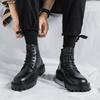 Vintage British Men's Spring Autumn High Top Waterproof Leather Shoes Black Biker Casual Lace Up Anti Slip Fashion