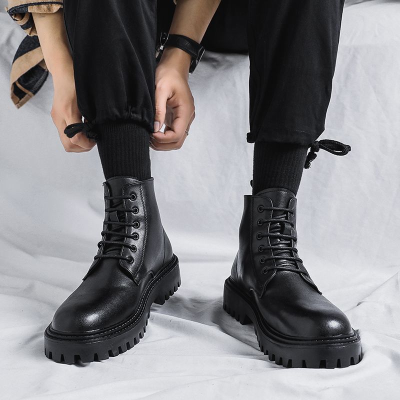 Vintage British Men's Spring Autumn High Top Waterproof Leather Shoes Black Biker Casual Lace Up Anti Slip Fashion