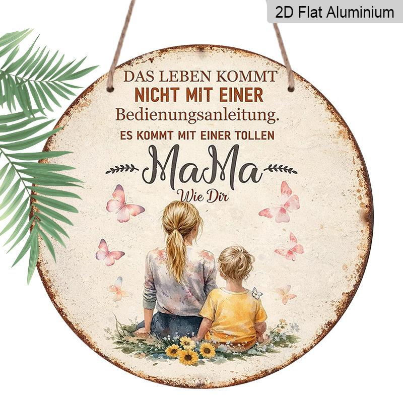 

2D Flat, 1pc Round Aluminum Hanging Sign - German Mama Quote Watercolor Mom & Child Vintage Metal Wall Art, Butterfly Sunflower Design, Perfect for 7.87x7.87inch