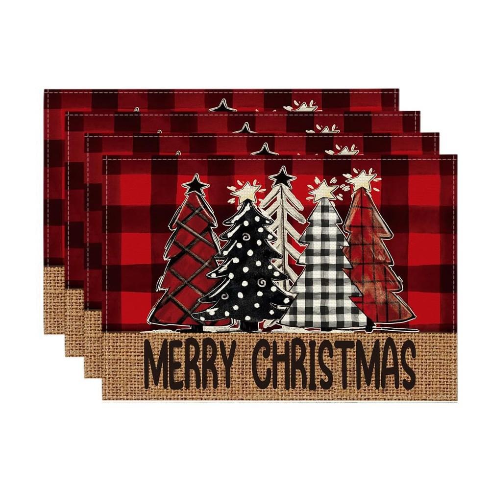 Christmas Linen Placemat Ambient Layout Table Mat Christmas Tree Decoration Heat Insulation Mat Western Placemat 4pc