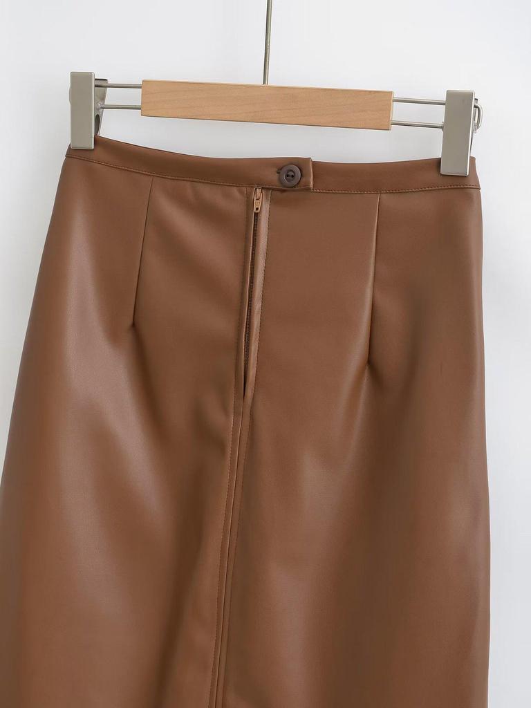 Slimming PU Leather High Slit Midi Skirt - Retro High Waist Hip-Hugging Style