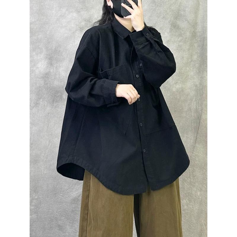 Retro Stylish Cotton Long Sleeve Plus Size Top (2026) Medium чёрный