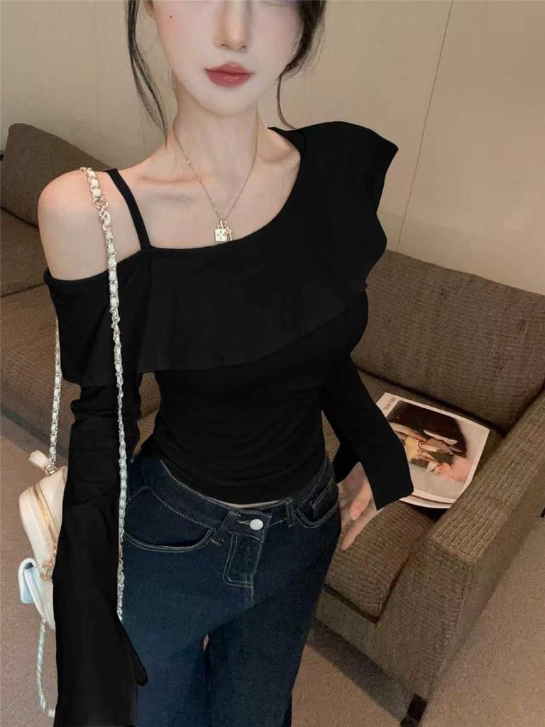 Korean Style Ruffle One-Shoulder Slimming Long-Sleeve Camisole - Women's Sweet & Spicy Autumn Fashion Top