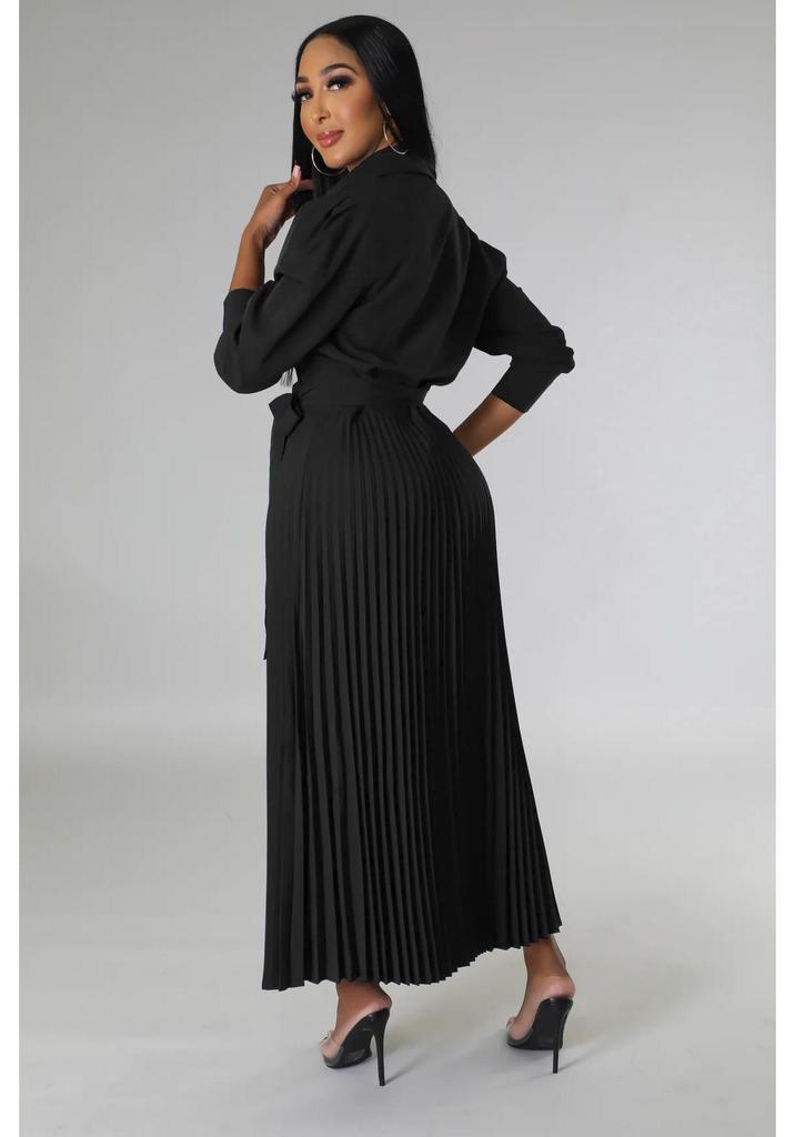 Cross-Border Europe Spring Long Sleeve Polo Collar High Waist Pleated Women's Casual Dress