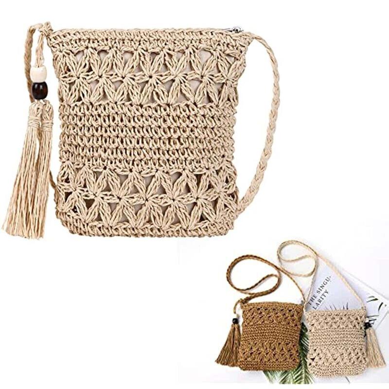 Straw Weaving Shoulder Bags for Women Tassel Beach Crossbody Bag Messenger Bag