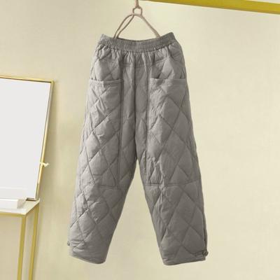 Women Winter Pants Elastic Waist Padded Thick Solid Color Loose Soft Warm Pockets Rhombus Texture Retro Casual Ankle Length Lady Autumn Trousers