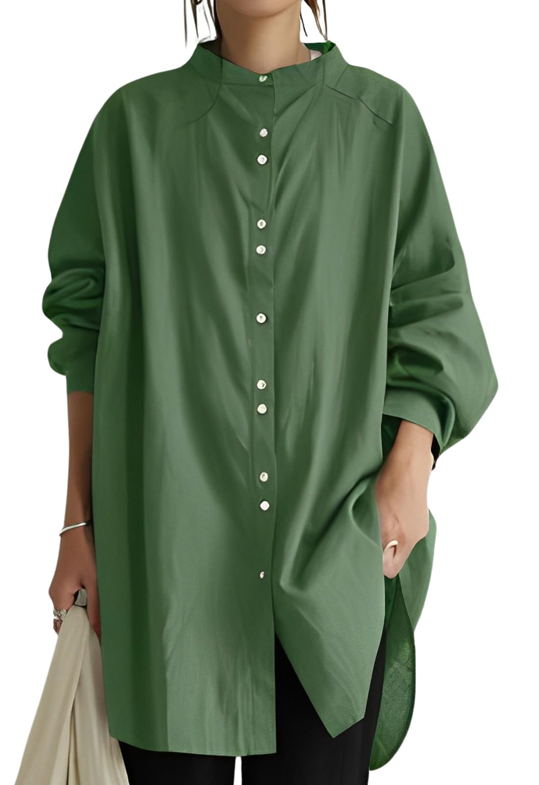 

Повседневная рубашка Стойка Долман [Second Roots], Воротник, Пуговица, Рукав, Блузка, Скрывающая фигуру, Простая, Однотонная, Весна, Осень, Женская, Крутая, зелёный