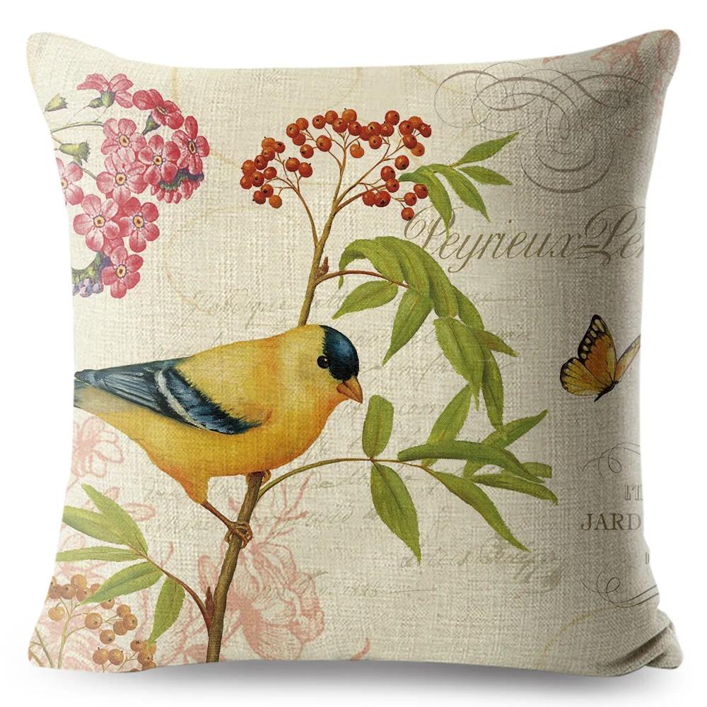 Vintage Flower Pillow Case Decor Blue Painting Flower Bird Pillowcase Polyester Cushion Cover for Sofa Car Home 45x45cm
