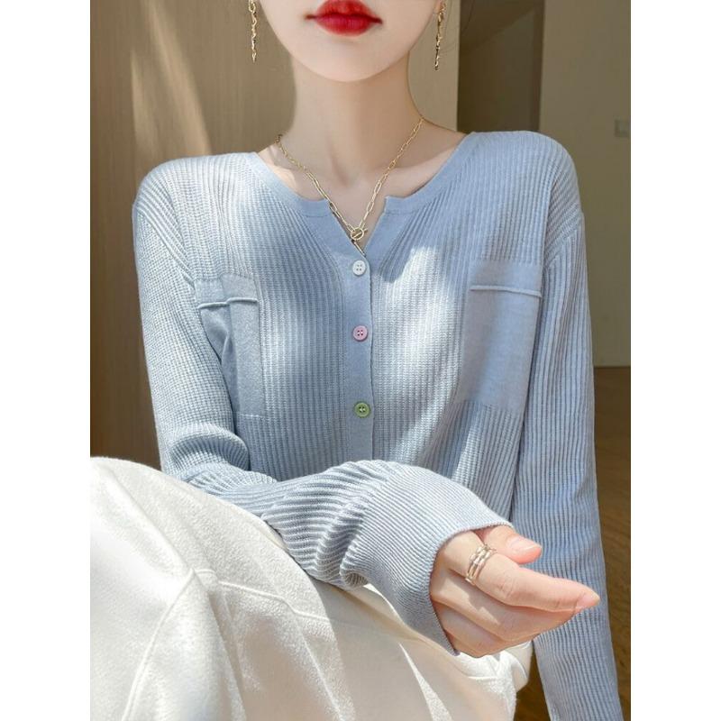 

Весна и осень новый корейский шерстяной вязаный кардиган с V-образным вырезом женский цветной пряжка дизайн поддельный карман тонкий пиджак свитер XXL