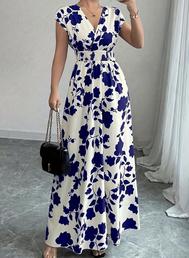 Floral Print V Neck Long Dress With Belt For Summer Casual Womens Wear