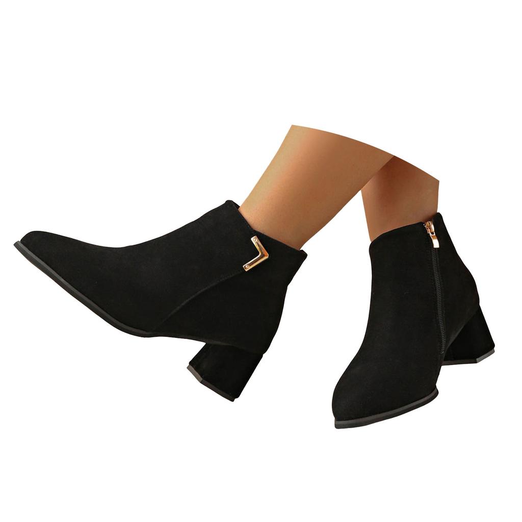 Women's Chunky Heel Ankle Boots Fashionable And Casual Pointed Leather Upper Side Zipper Ankle Womens Cowboy Booties And Boots