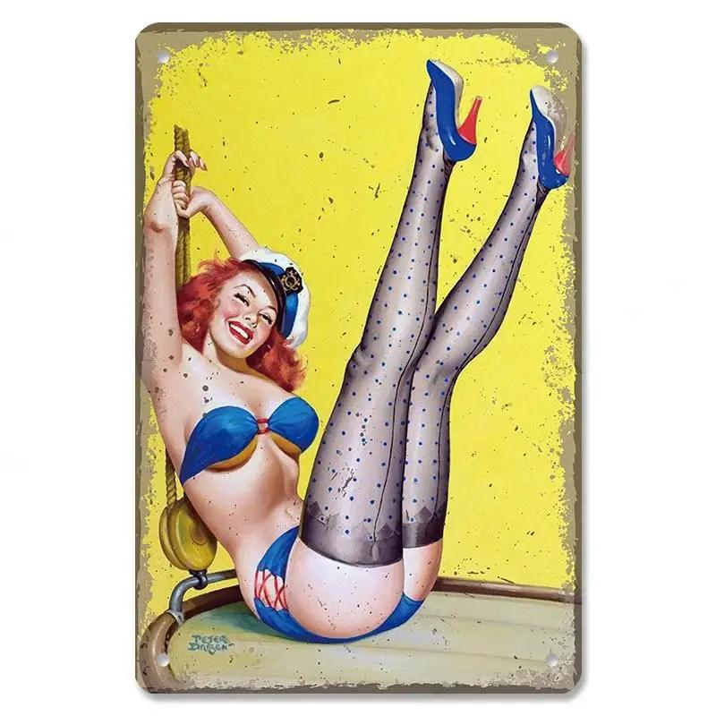 Vintage Metal Sexy Girl Pin Up Girls Plaque Tin Signs Cola Beer Airplane Metal Poster Retro for Bar Pub Club Home Wall Art Decor