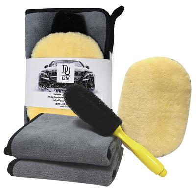 DU Life Car Wash Set 4 Pieces Microfiber Cloth 2 Pieces Car Wash Glove 1 Piece Car Wash Brush 1 Piece Set for Wiping Super Absorbent Car Wash Towel