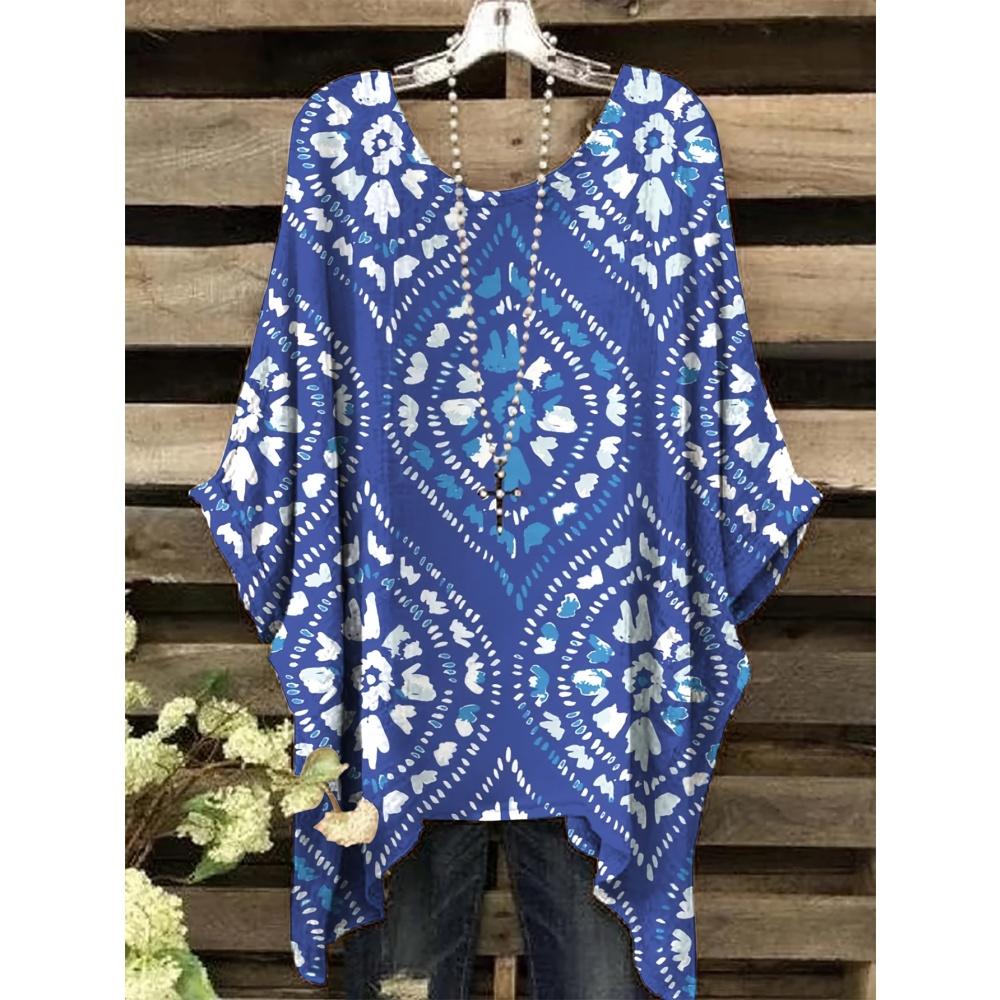 Retro Damen T-Shirt Trendig Ethnisch Boho Bedruckt Sommer O-Ausschnitt Unregelmäßiger Saum Kurzarm Bluse T-Shirt Locker Lässig Pullover