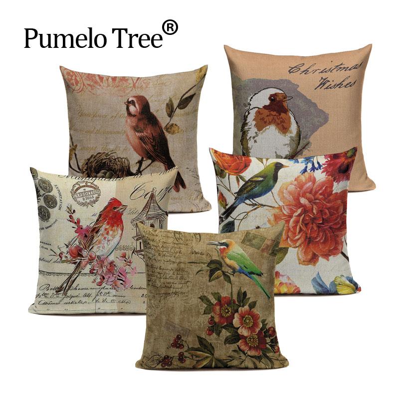 Cushion Cover Retro Style Throw Pillow Cotton Linen Bird Text