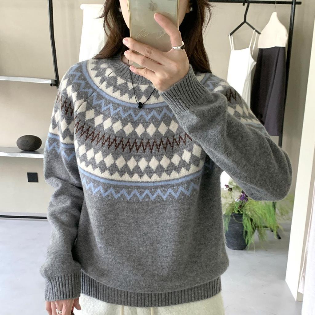 Women's 100% Wool Fair Isle Round Neck Sweater - Retro Jacquard Knitwear for Autumn/Winter