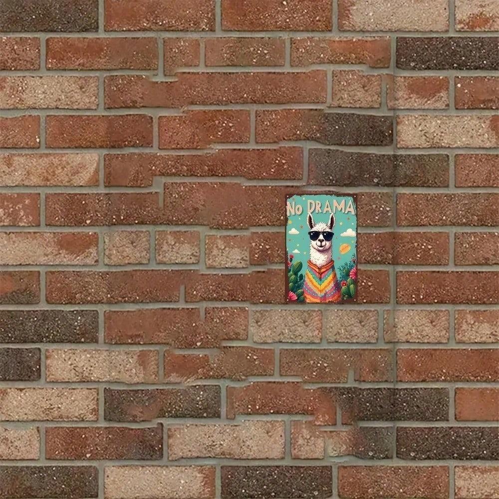 Funny Llama Metal Wall Sign, No Drama Llama Vintage Tin Art, Face Design for Home Bar Garage Man Cave