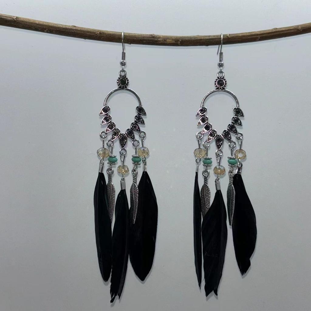 Vintage Bohemian Feather Tassel Earrings Exaggerated Ethnic Vacation Dangle Ear Jewelry Fashion Accessories For Women