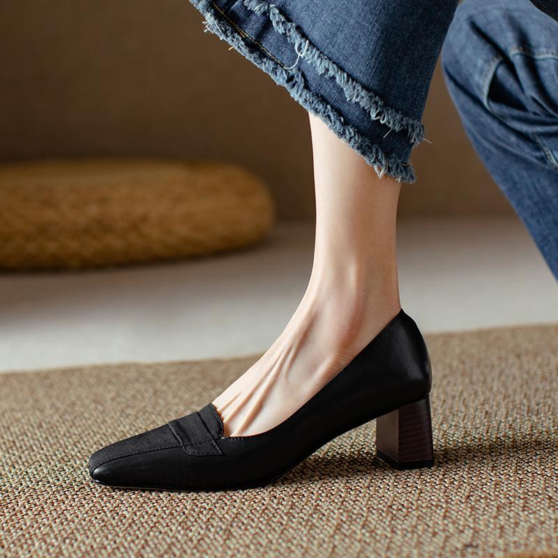 2024 Spring Summer Basic Women Pumps Office Ladies Party High Quality Genuine Leather Thick Heels Shoes Woman Fashion Concise