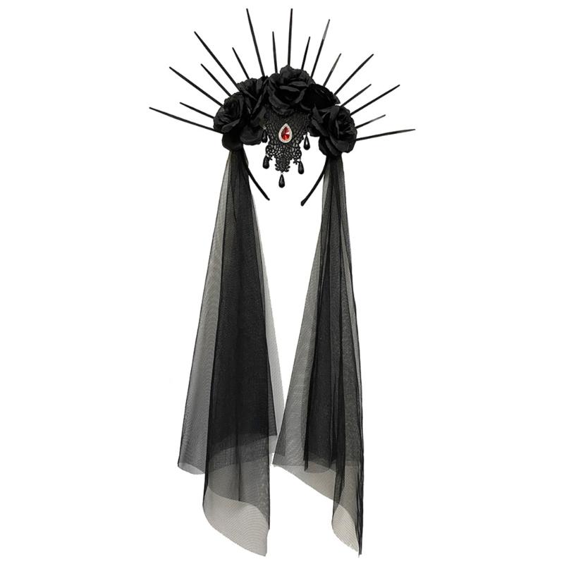 

Halloween Party Veil Hairband Gothics Rose Flower Headband Cosplay Costume Headgear Stage Props Crown Festival Headpiece 1