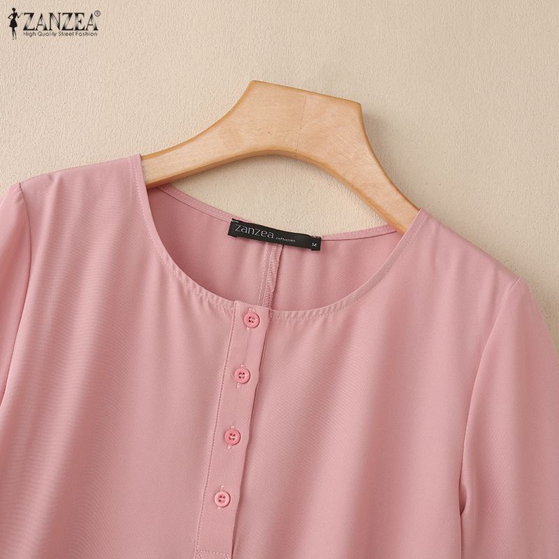 ZANZEA Women Casual Round Neck Solid Color Loose 3/4 Sleeve Blouse