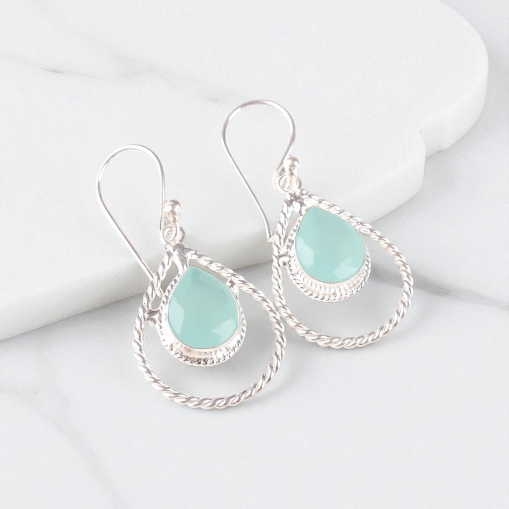 Aqua Chalcedony Gemstone 925 Sterling Silver Jewelry Handcrafted Earrings 1.70" EE-96-20