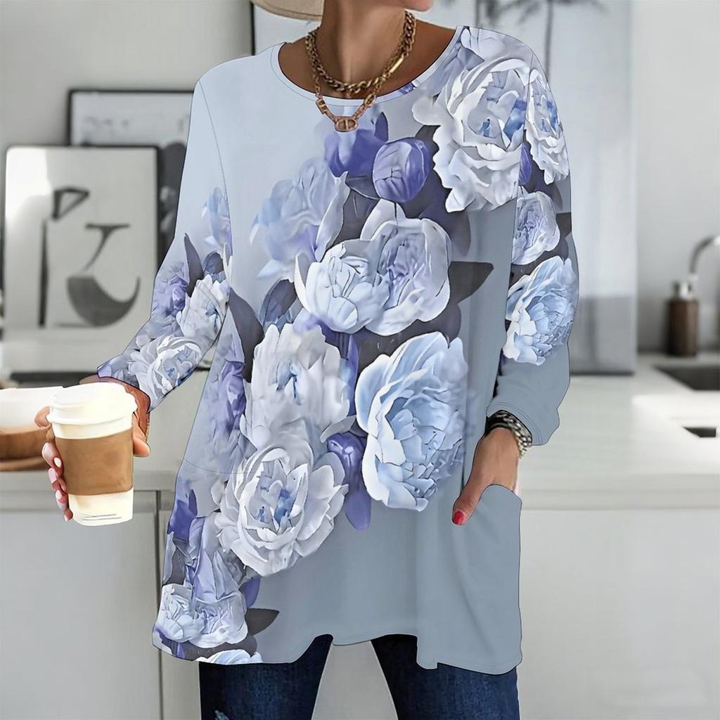 Plus Size Women Round Neck Long Sleeve T Shirt Soft Loose Tops For Indoor Leisure And Street Walking