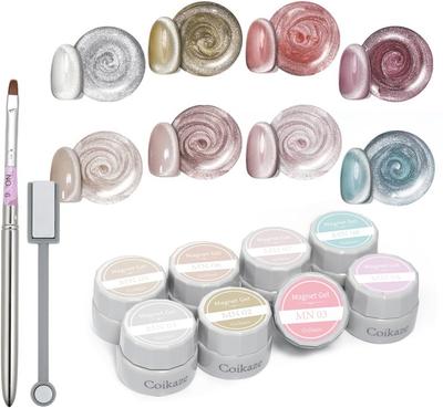 Gelové nehty, Barevný gel, Magnetický gel, Cat Eye Nail Art, Kompatibilní s UV/LED, 8 barev, 4 g, Magnet a štětec na nehty součástí balení