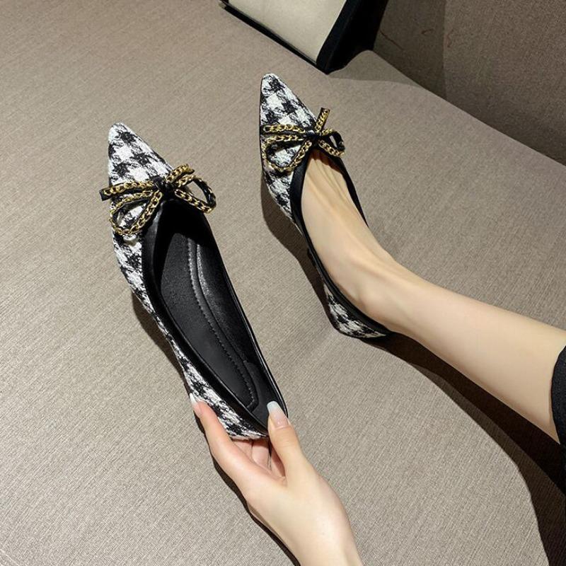Fashion Slip On Pointed Toe With Bow Women's Flat Y2k Plaid Ladies Footwear Shoes Spring and Autumn Discount Stylish Trend Social Shoe