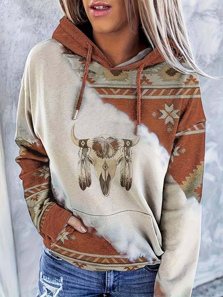 Vintage-Inspired Western Print Sweatshirt - Soft, Casual, Drawstring Hoodie with Pocket for Women Long Sleeve Pullover Design