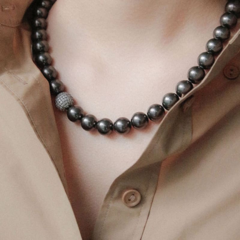 J.Lauren Pave Cubic 12mm Black Pearl Necklace Bn0562
