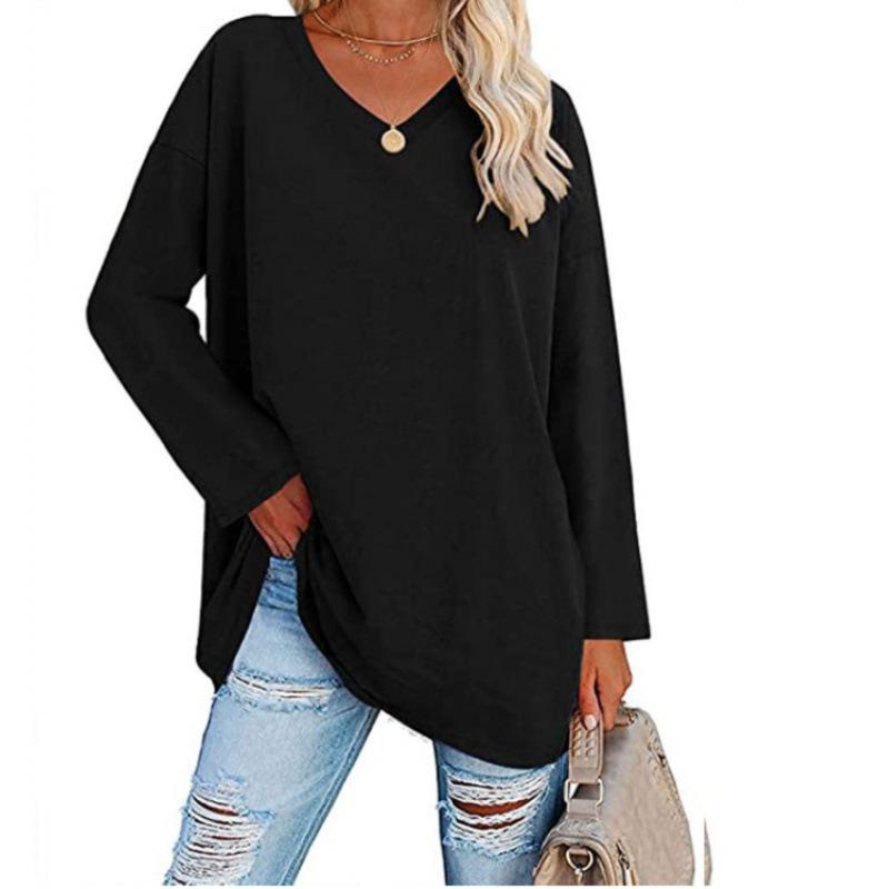 Europejski i Amerykański Oversizowy Damski T-Shirt z Dekoltem w Serek, Wielokolorowy, Luźny Krój, Rękawy z Obniżoną Linią Ramion, Jednolity Kolor