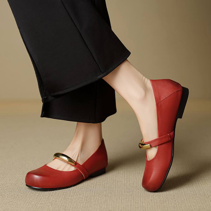 Krazing Pot Full Grain Leather Round Toe Size 40 Thick Low Heels Fashion Metal Decoration Autumn Pumps