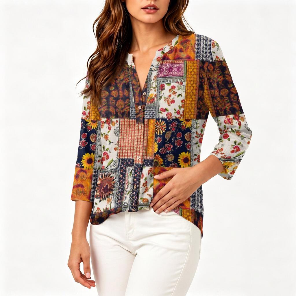 Women Vintage Floral Print Patchwork Henley Button Collar Three Quarter Sleeve Cotton Linen Shirt Casual Loose Fit Top